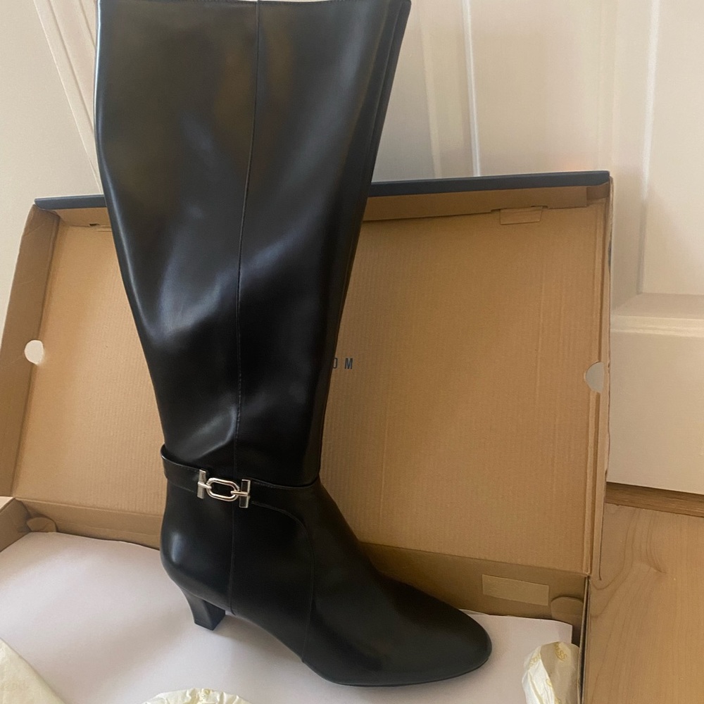Size 9.5 Wide Calf | Bass Faux Leather High Boots, buckle accent.